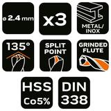 Wiertła do metalu HSS-Co 2.4 mm, 3 szt.