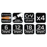 Dłuta 6, 12, 18, 24, zestaw 4 szt. Uchwyt dwukomponentowy. Pakowane w etui