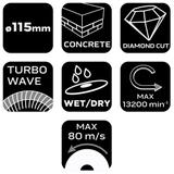 Tarcza diamentowa 115 x 22.2 mm, turbo wave