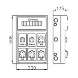 RS 13-mod. 2x2P+Z, 2x3P+N+Z 16A, 2x3P+N+Z 32A  IP 44 szara