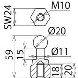 Kulowy punkt mocowania 20 mm, prosty, z gwintem wewnętrznym M10