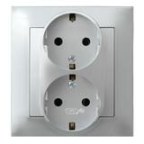IMPRESJA Gniazdo podwójne z uziemieniem schuko kompletne z ramką - kolor srebro