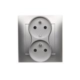 Simon 54 Gniazdo z/u podwójne z f. niezm. faz z przesłonami 16A z. śrubowe. monoblok srebrny mat