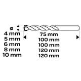Wiertła do betonu 4-10 mm, zestaw 5 szt., końcówka motylkowa
