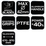 Kowadełkowy sekator do gałęzi 670 mm, zakres do 42 mm, przekładnia, teleskopowe uchwyty