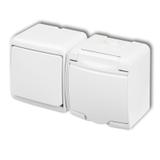 JUNIOR Łącznik jednobiegunowy z gniazdem pojedynczym z uziemieniem 2P+Z (klapka biała; przesłony tor