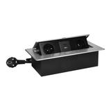 Gniazda meblowe wpuszczane w blat z płaskim frezowanym rantem, ładowarką USB i przewodem 1,5m, 2x2P+