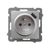 AS Gniazdo pojedyncze z uziemieniem z przesłonami torów prądowych, z ładowarką USB - kolor srebro