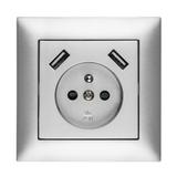 SENTIA Gniazdo poj. z/u  2P+Z 2xUSB IP 20 srebrne