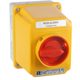 Łącznik Krzywkowy 15A, Rozłącznik 0-1 (4 - biegunowy),  w obudowie OB3 z czołem zamykanym żółto/czer