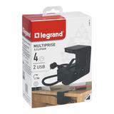 Przedłużacz Z Klipsem 4-Gniazdowy Z/U 2Xusba Z Przewodem 1,5Mb 3x1.5Mm2 Czarny Helmo 050412 LEGRAND