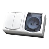 MADERA Zestaw Łącznik dwugrupowy świecznikowy + Gniazdo pojedyncze wieczko przezroczyste - kolor bia