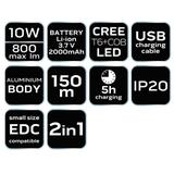 Latarka akumulatorowa USB 800 lm 2 w 1 CREE T6 LED