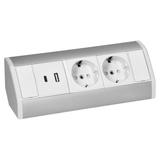 Gniazdo meblowe 2x2P+Z (Schuko), 2xUSB (typ A+C; 2,4A), biało-srebrne