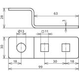 Łącznik Z z 2 kwadratowymi otworami 11 mm i okrągłym 13 mm, stal nierdzewna NIRO