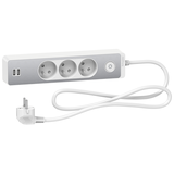 Odace, przedłużacz 3-gniazdowy z łącznikiem 2xUSB, 1,5m biały/szczotkowane aluminium