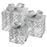 Dekoracje - 72 LED prezenty 15/20/25 cm srebrne, zimna biel, IP44, timer