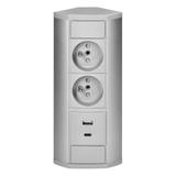 Gniazdo meblowe 2x2P+Z, 2xUSB (typ A+C; 2,4A), szaro-srebrne