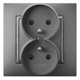 ARIA Gniazdo podwójne z uziemieniem z przesłonami torów prądowych, kompletne z ramką - kolor szary m
