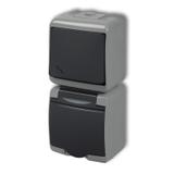 JUNIOR Łącznik schodowy z gniazdem pojedynczym z uziemieniem 2P+Z (klapka grafitowa; przesłony torów