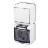 JUNIOR Łącznik jednobiegunowy z gniazdem pojedynczym z uziemieniem SCHUKO 2P+Z (klapka dymna; przesł