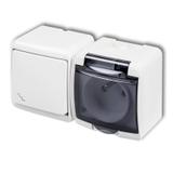 JUNIOR Łącznik schodowy z gniazdem pojedynczym z uziemieniem 2P+Z (klapka dymna; przesłony torów prą