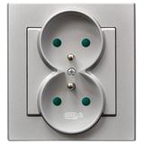 SONATA Gniazdo podwójne z uziemieniem z przesłonami torów prądowych, kompletne z ramką - kolor srebr