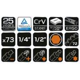 Klucze nasadowe 1/2", 1/4", zestaw 73 szt., CrV
