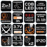 Lampa warsztatowa 550 lm COB LED + baza + ładowarka