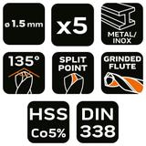 Wiertła do metalu HSS-Co 1.5 mm, 5 szt.