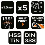 Wiertła do metalu HSS-TiN 1.0 mm, 5 szt.