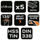 Wiertła do metalu HSS-TiN 1.5 mm, 5 szt.