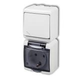 JUNIOR Łącznik schodowy z gniazdem pojedynczym z uziemieniem SCHUKO 2P+Z (klapka dymna; bez przesłon