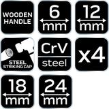 Dłuta 6, 12, 18, 24 mm, zestaw 4 szt. Uchwyt drewniany