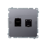 Simon Basic Gniazdo komputerowe RJ45 kategoria 6 podwójne ekranowane z przesłoną przeciwkurzową . Montaż na łapki lub wkręty srebrny mat BM62E.01/43 KONTAKT