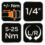 Klucz dynamometryczny dwukierunkowy 1/4", 5-25Nm, zestaw 21 szt.