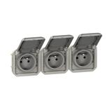 PLEXO Mechanizm gniazda potrójnego 3X2P+Z IP55 poziome komplet 16A 250V szary 069564L LEGRAND
