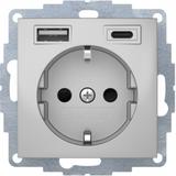 B.x Gniazdo SCHUKO z ładowarką USB A+C 2.4/3.0 A; samozaciski; alu mat