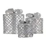 Dekoracje - 72 LED prezenty 15/20/25 cm srebrne, zimna biel, IP44, timer