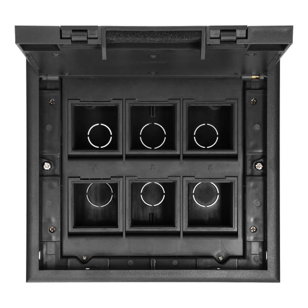 Puszka podłogowa na gniazda modułowe 6 x 45x45mm lub 12 x 22,5x45mm, pokrywa: stal nierdzewna, czarn