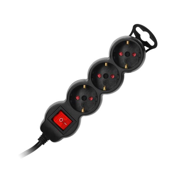 Przedłużacz 3-krotny 2P+Z (Schuko), z wyłącznikiem, 1,5m H05VV-F 3x1,5mm2, Imax=16A, płaska wtyczka,