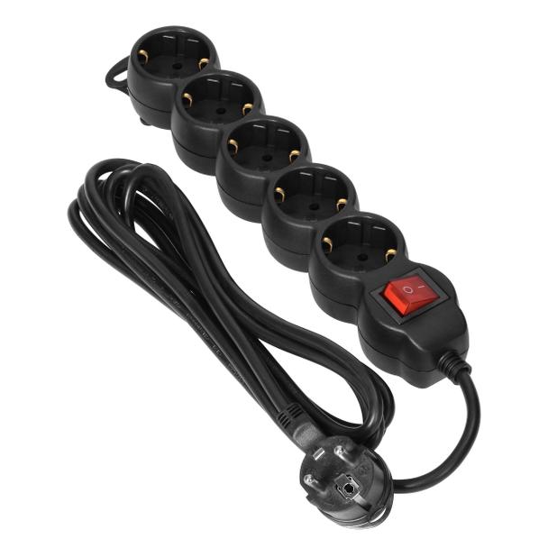 Przedłużacz 5-krotny 2P+Z (Schuko) z wyłącznikiem, 1,5m H05VV-F 3x1,5mm2, Imax=16A, płaska wtyczka,