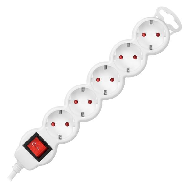 Przedłużacz 5-krotny 2P+Z (Schuko), z wyłącznikiem, 5m H05VV-F 3x1,5mm2, Imax=16A, płaska wtyczka, b