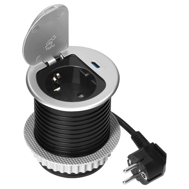 Gniazdo meblowe O6cm wpuszczane w blat z pokrywką, ładowarką USB i przewodem 1,9m, 1x2P+Z (Schuko),