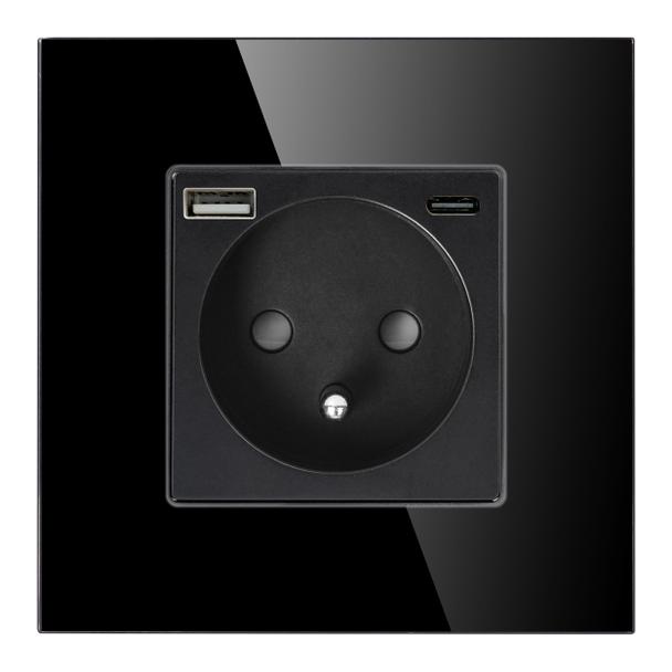 Gniazdo pojedyncze 2P+Z, USB-A + USB-C, PD, max. 20W, czarny