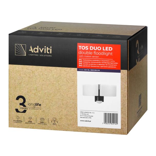 TOS DUO LED 2x20W podwójny naświetlacz ogrodowy z PIR, 2x1600lm, IP65, 4000K, PC, czarny