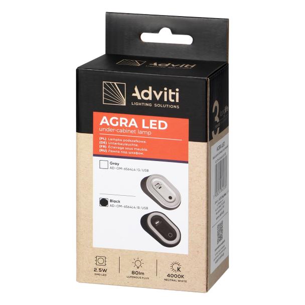AGRA lampka podszafkowa LED 2,5W, 80lm, 4000K, z włącznikiem bezdotykowym i funkcją ładowania USB A+
