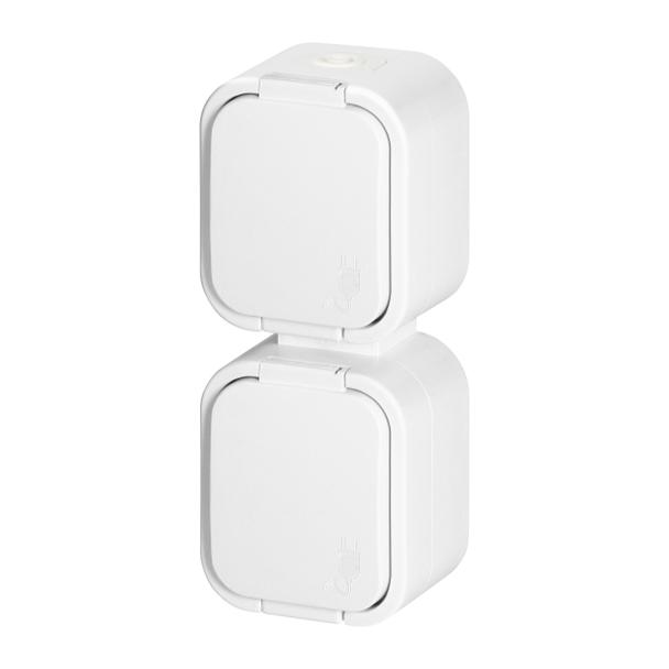 Gniazdo podwójne natynkowe 2x2P+Z, bryzgoszczelne z klapką, pionowe B2, IP54, NT-6B2/P, biały