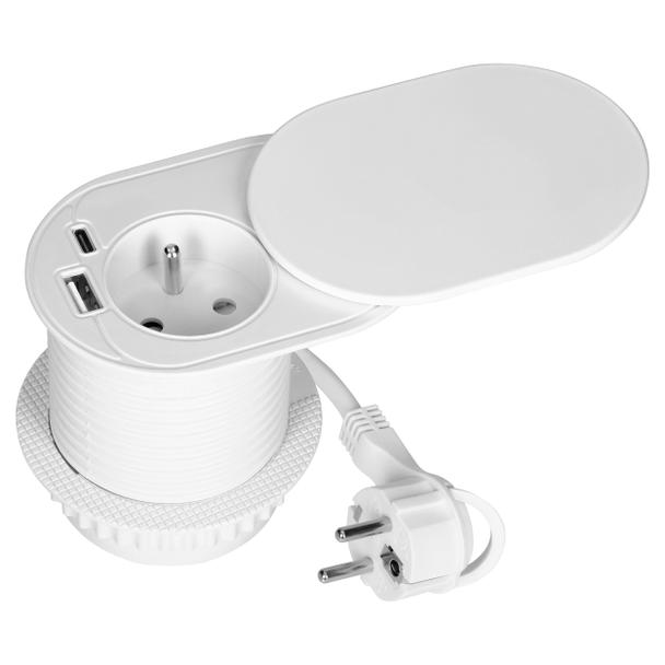 Gniazdo meblowe O6cm, wpuszczane w blat z przesuwną pokrywką, ładowarką USB i przewodem 1,9m, 1x2P+Z