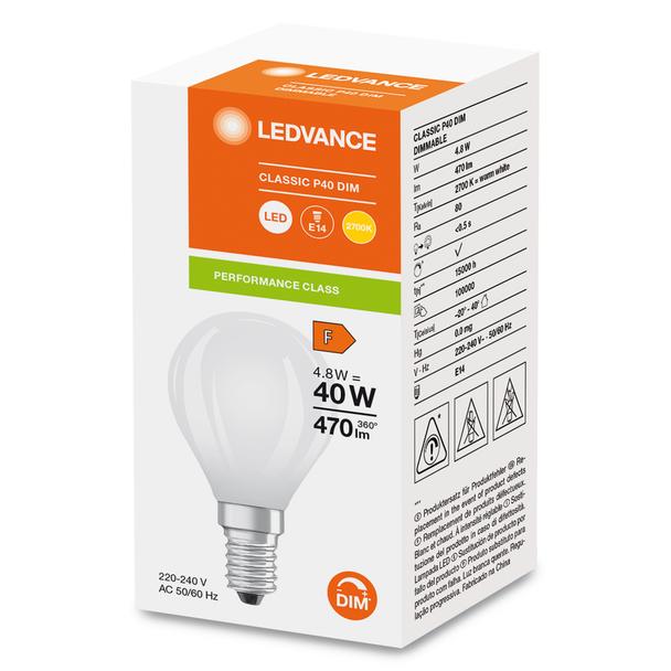 Lampa LED PERFORMANCE CLASS CLASSIC P GL FR 40 DIM 4.8W/827 E14 LEDVANCE